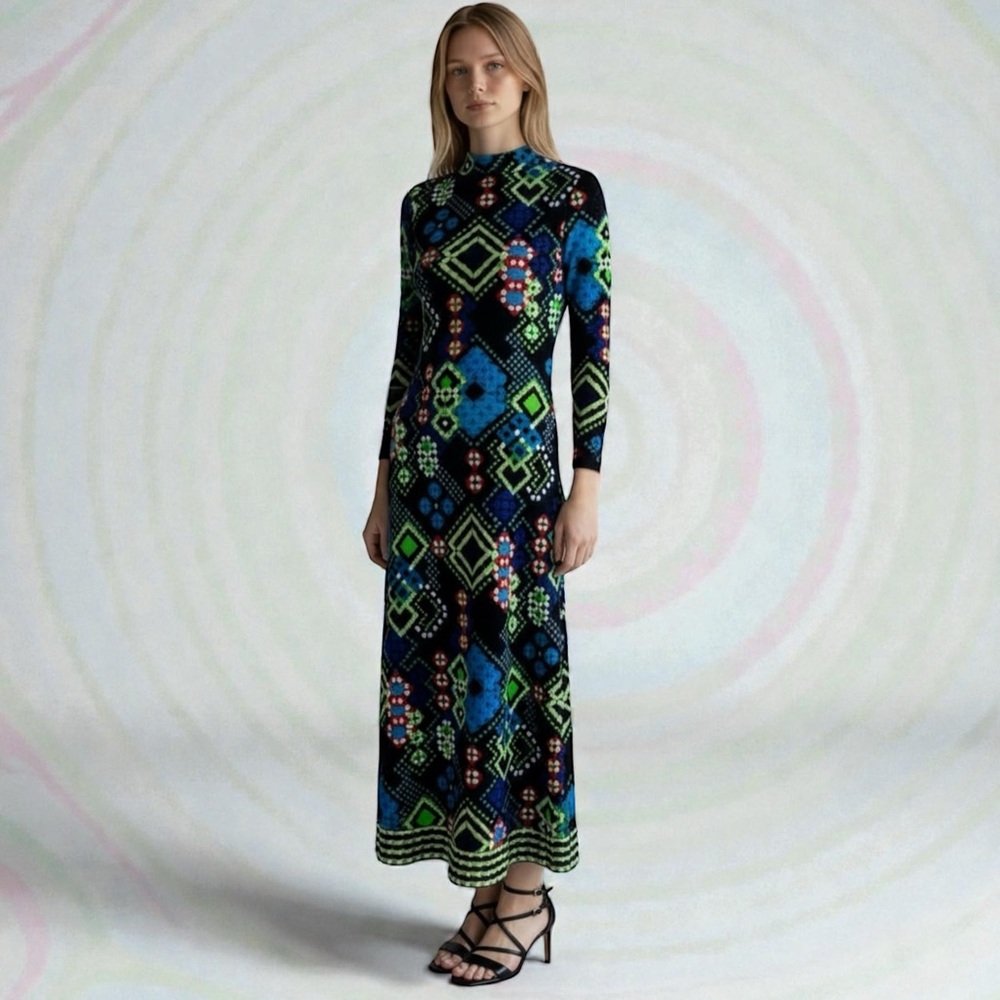 Rare 70s Vintage Bodycon Printed Midi Dress